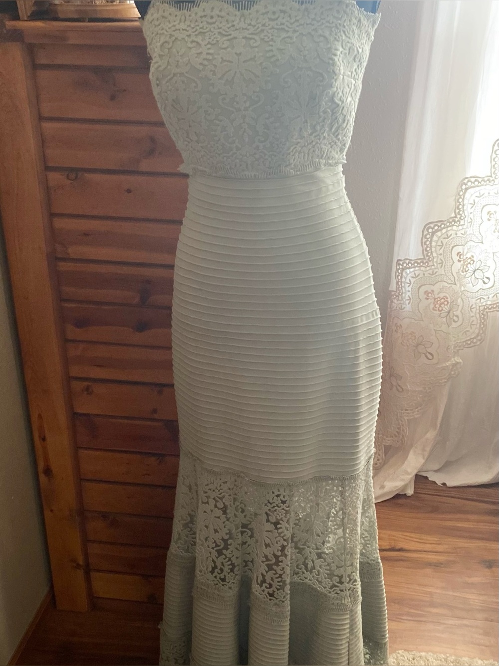 Tadashi Shoji Light Mint Lace & Pleated Maxi Dress